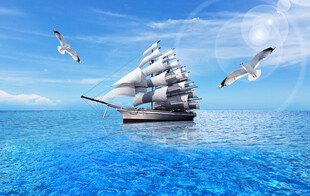 蓝天白云海鸥帆船背景