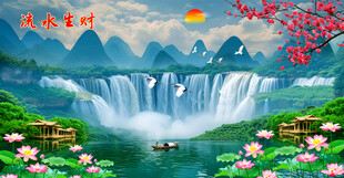 流水生财山水画壁画壁纸