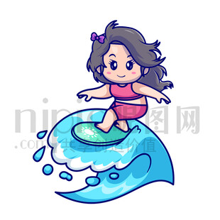 可愛卡通沖浪的女孩