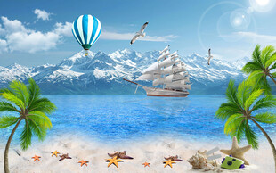 蓝天大海沙滩椰树背景墙