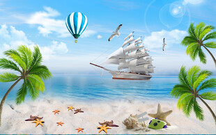 藍(lán)天大海沙灘椰樹背景墻