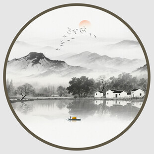 圓形意境山水水墨畫圖