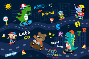 可愛動物卡通城市滑板兒童背景墻