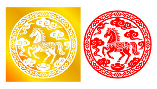 圓形馬年剪紙金色馬窗花