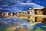 古老乡村 河边 油画 老房子油画 停泊 小船 荷花