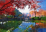 山水油画 油画 自然风景油画 湖边油画 景物 枫叶