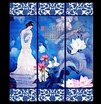 荷花仕女青花装饰画
