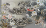 荷花九鱼图