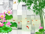 3D荷花竹子电视背景墙
