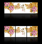 彩雕家字牡丹无框三联画图片下载