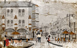 手绘城市建筑油画背景墙