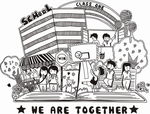 手绘学校教学楼操场学生班服图案