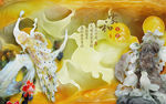 玉雕孔雀喜鹊工艺PSD玄关壁画