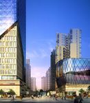 现代都市繁华步行街黄昏建筑效果