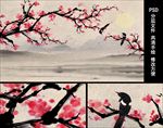 新中式手绘梅花喜鹊背景壁画