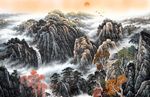 国画山水旭日背景墙