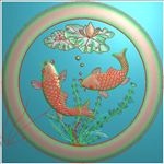 双鱼荷花图圆盘挂件精雕浮雕灰度
