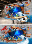 3D复古怀旧炉海豚餐饮背景墙