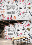 水彩砖墙手绘化妆品美甲店彩妆店