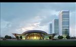 高层公建文化建筑入口清晨效果图