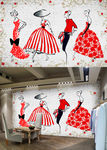 欧美时尚手绘女装复古背景墙