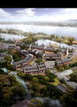 海边复古四合院客栈建筑效果图