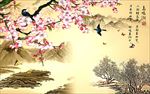 鸟鸣涧 水墨桃花中式背景墙