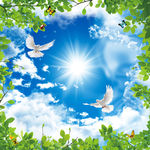 蓝天白云天空树叶3D风景吊顶