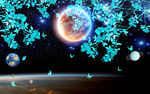 梦幻星空地球花卉蝴蝶电视背景墙