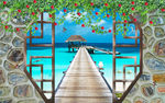 3D立体砖墙花藤唯美地中海风景