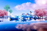 蓝色梦幻雪山湖水