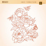 牡丹花白描矢量素材