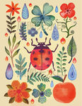 七星瓢虫花朵树叶花草植物插画