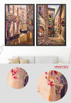 欧式乡村小镇湖边风景油画装饰画