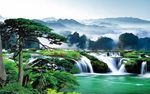 山水风景迎客松高山流水瀑布背景