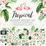 热带鲜花热带树叶火烈鸟水彩画