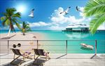 简约3d阳台椰树海滩大海背景墙