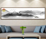 新中式抽象线条远山飞鸟横幅画