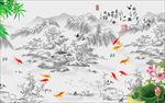 中式线描抽象山水荷花竹子
