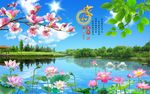 家和富贵玉兰荷花图