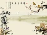 吉祥中式树木飞鸟山水背景底纹素