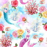 家纺水彩美人鱼珊瑚花卉图案素材