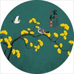 新中式手绘银杏叶花鸟圆形框画