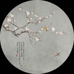 高清分层圆形玉兰花鸟装饰画