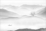 黑白素雅山水国画树木飞鸟创意屏