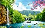 唯美清新瀑布森林湖水桃花背景墙
