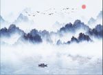 新中式水墨山水意境小鸟背景墙