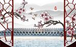 新中式隔断水墨桃花远山背景墙