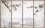 新中式梅花小鸟水墨山村背景墙