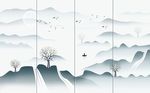 意境简约绿色手绘水墨山水背景墙